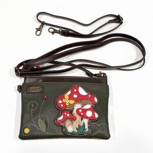 Chala Mushroom Mini Crossbody Bag, Olive Green, Red Mushrooms, 2 Straps